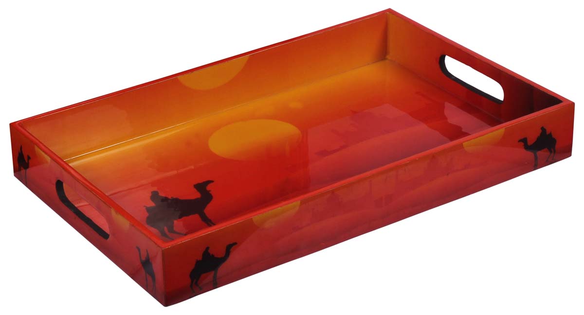 Buy in Bulk Wholesale Serving Tray in MDF - Sunset Colors - 14” Hand-Crafted Decorative Tray with Enamelled Camel & Taj-Mahal Art - Classic Serve-Ware/Decor/Gifts from India